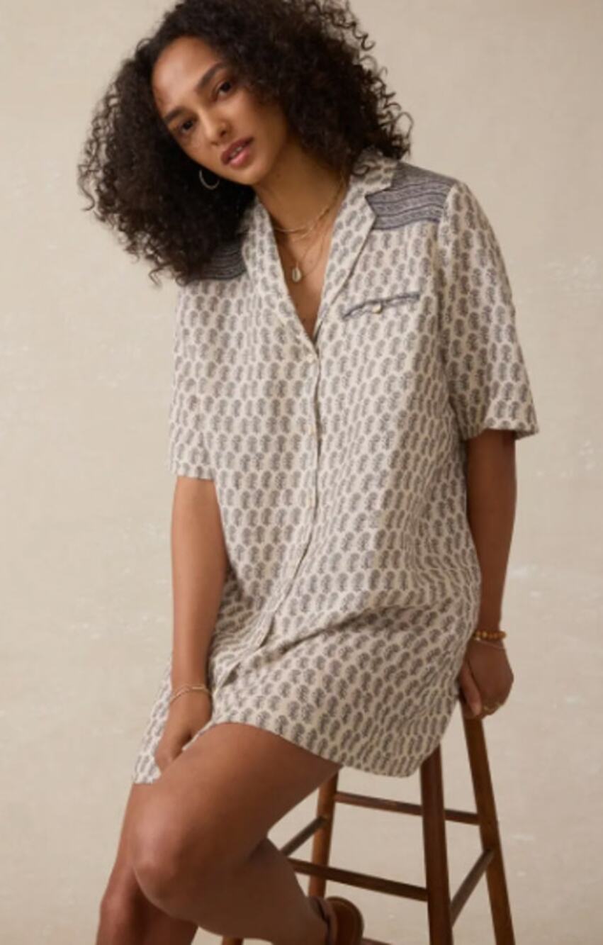 Faherty Paradise Point Elbow Sleeve Button-Down Shirtdress Beige Black Womens XS